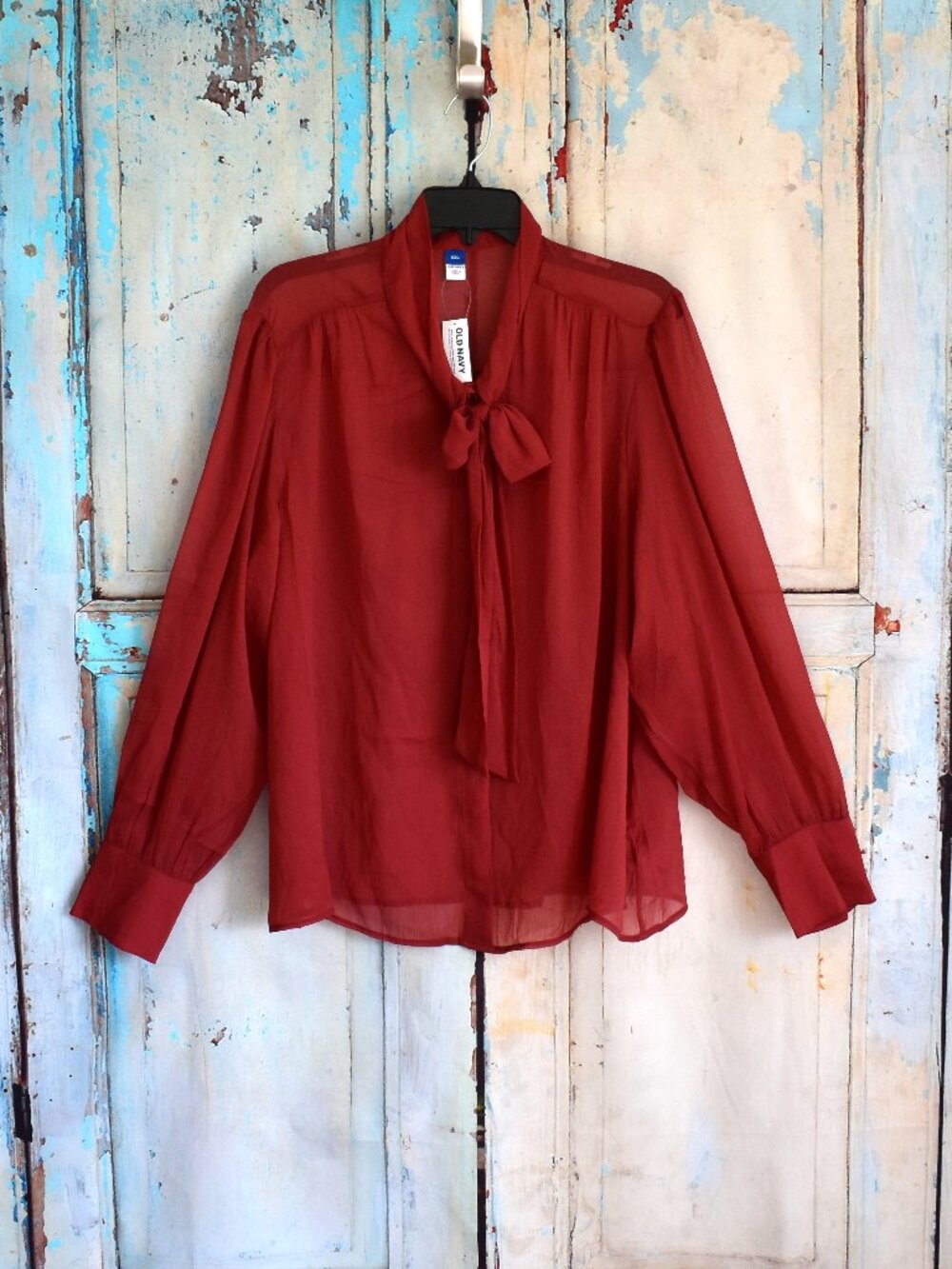 Women's Old Navy Blouse Long-Sleeve Tie-Neck Chiffon Top 2XLARGE Umbearth NEW